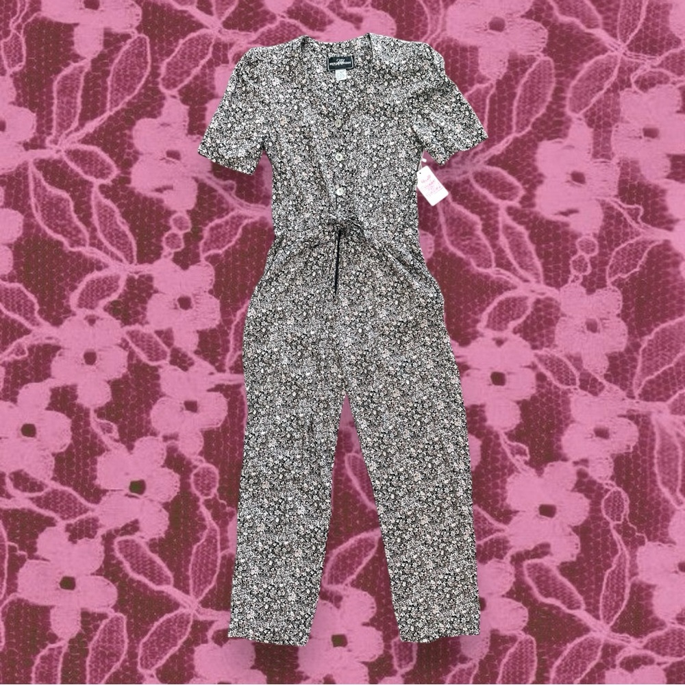 Vintage 90s Black and Pink Floral Short Sleeve Jumpsuit size 10